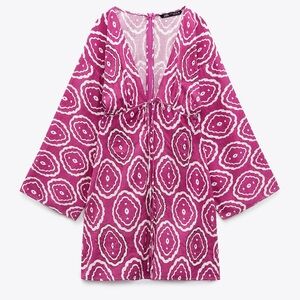 NWOT Zara Beaded Pink and White Tropical Dress